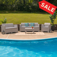 Flash Furniture DAD-SF-123T-CRC-GG 4 Piece Outdoor Faux Rattan Chair, Loveseat, Sofa and Table Set in Light Gray 